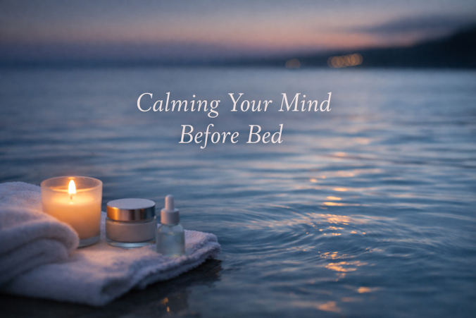 Lit candle and skincare items beside calm water at twilight with text reading “Calming Your Mind Before Bed.”