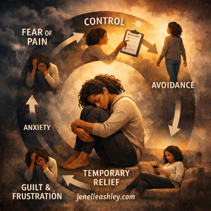 Circular diagram illustrating the emotional cycle of avoidance and control. A woman sits curled up at the center labeled ‘Temporary Relief,’ surrounded by stages labeled Fear of Pain, Control, Avoidance, Anxiety, Guilt & Frustration, and Temporary Relief. Arrows connect each stage in a continuous loop. The background is dark and cloudy, and ‘jenelleashley.com’ appears at the bottom