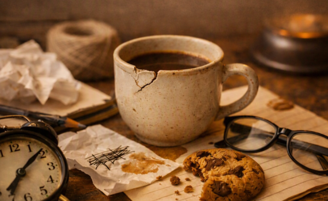 A white ceramic mug with a chipped rim sits on a wooden desk beside an open notebook with crossed‑out writing, a coffee ring stain, and a bitten cookie. The scene is softly lit and intentionally imperfect.