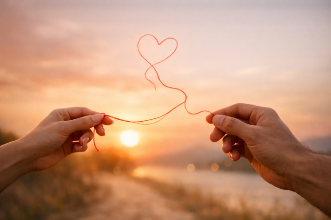 Two hands releasing a red thread shaped like a heart at sunset, symbolizing letting go with love and choosing values over feelings.