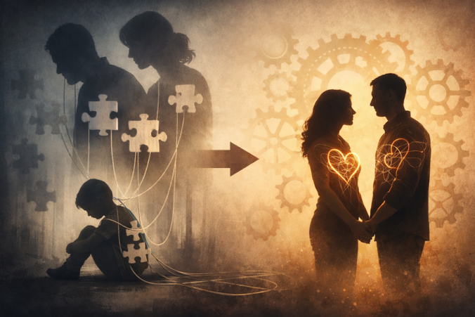 Symbolic illustration showing how childhood relational experiences influence adult relationship patterns. A child sits on the left surrounded by puzzle pieces and shadowy parental figures, while an adult couple stands on the right connected by glowing lines and gears, representing learned patterns and emotional transformation.