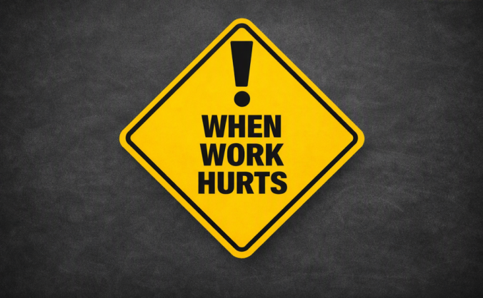 Square image of a warning-style “When Work Hurts” sign symbolizing workplace stress and trauma.