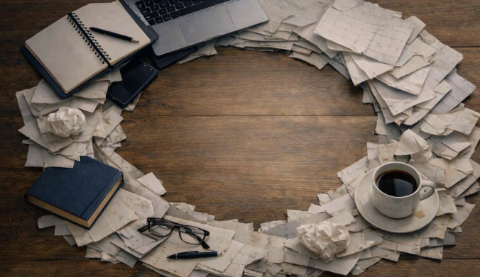 Circular workspace with scattered papers forming a ring around an empty center, with a laptop, notebook, glasses, phone, and a cup of coffee on a wooden desk.