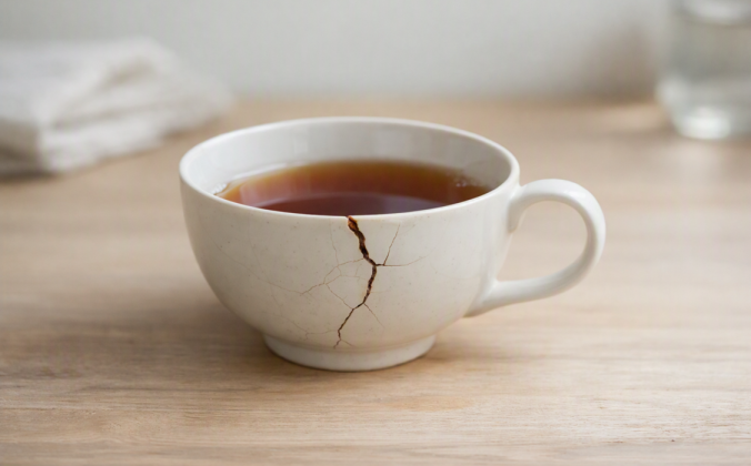 White porcelain tea cup with a visible crack running down its side, filled with amber tea and resting on a light wooden surface in soft natural light.