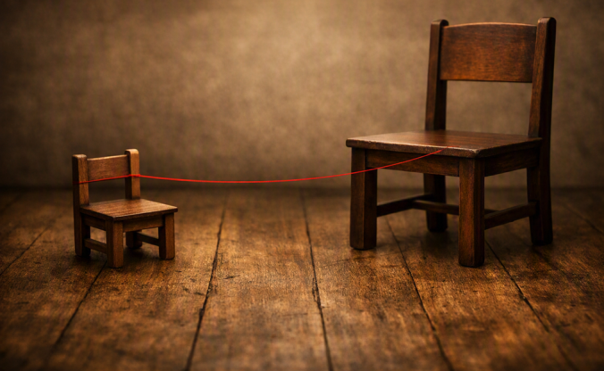 Two wooden chairs of different sizes sit apart on a worn wooden floor, connected by a taut red thread.