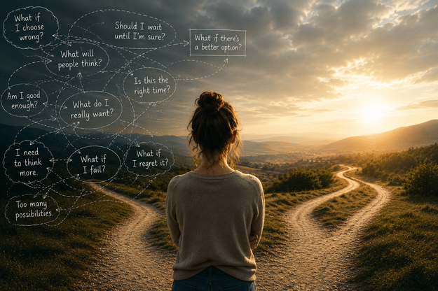 Person standing at a fork in a path, surrounded by intrusive thought bubbles about choosing the right direction.