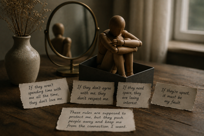 Wooden mannequin curled inside a small box on a wooden table, reflected in a vintage mirror with dried flowers nearby.