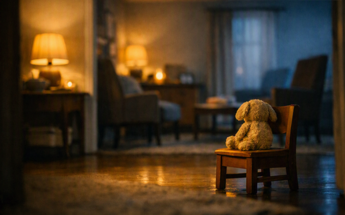 Low-angle view of an empty living room at dusk with a small chair lit by warm lamplight and a worn stuffed animal facing a semicircle of larger chairs in cool shadow.