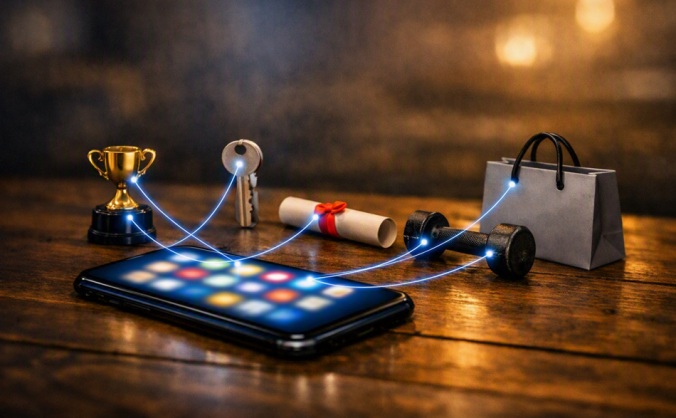 A smartphone lies face-up on a wooden table, its glowing screen displaying blurred colorful app icons. Thin blue threads of light extend from several icons, connecting directly to nearby objects — a trophy, a house key, a diploma, a dumbbell, and a designer shopping bag — symbolizing social media’s influence on personal goals.