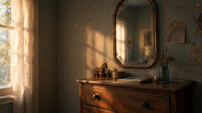 Antique mirror hanging above a small childhood dresser in a softly lit room, reflecting a dim and distorted image that symbolizes unclear self‑perception.